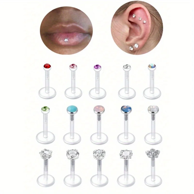 15pcs Flexibele Acryl Tragus Helix Piercing Oorbellen Lip Stud Bar 16G Conch Oorbel Retainer Bioflex Labret Piercing