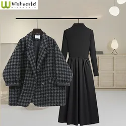 Autumn and Winter Fashion Women's Suit Korean Version Thick Woolen Plaid Suit Jacket Slimming Long Sleeved Dress Two-piece Set