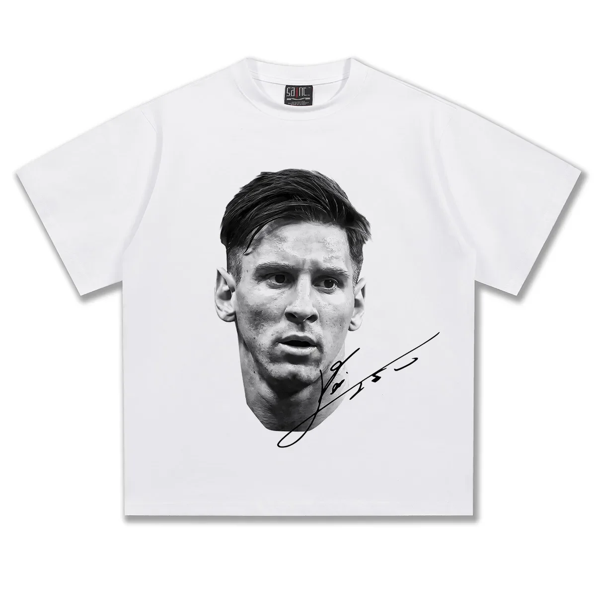 2025 Camiseta de manga corta para hombre Messi Messi cabeza de fútbol americano estampado Vintage moda suelta lavado pesado camiseta de manga corta
