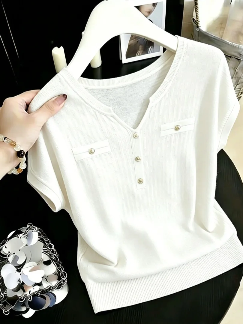 

Summer Women's Thin Ice Silk Knitted V-Neck Short Sleeve Slim Fit Top Korean Style Pure Color Knitwear Casual Fashion