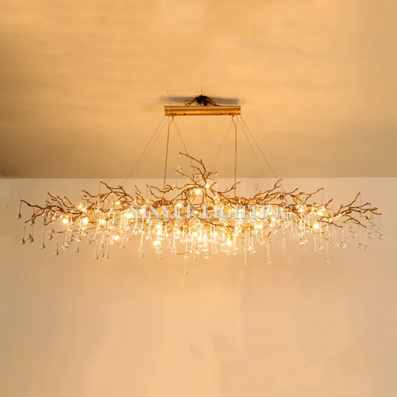 Modern Tree Branch Glass Pendant Lamp Solid Brass Copper Light Villa Living Dinning Room Hanging Water-drop Pendant Chandelier