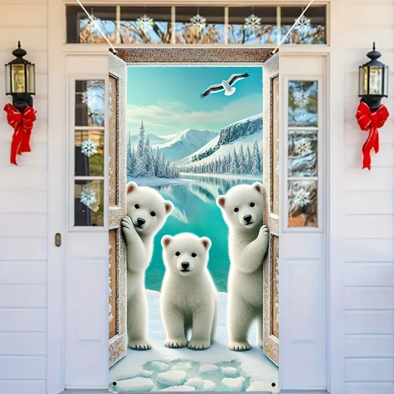 Ein flacher 2D-Vorhang „Merry Christmas“ Eisbären-Winterszene für die Party-Dekoration im Innen- und Außenbereich