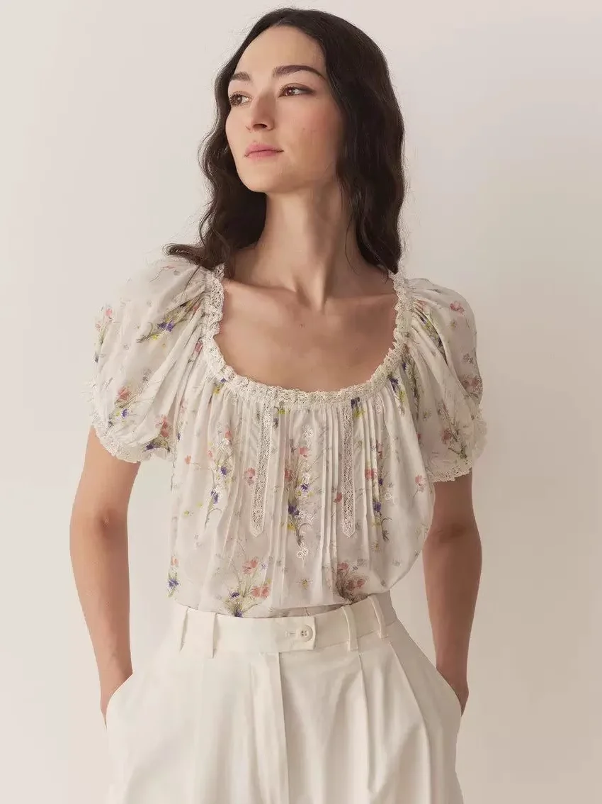 

Flower Print Women 100% Cotton Blouse Lace Patchwork Puff Sleeve Round Neck Fashion Female Shirt Top