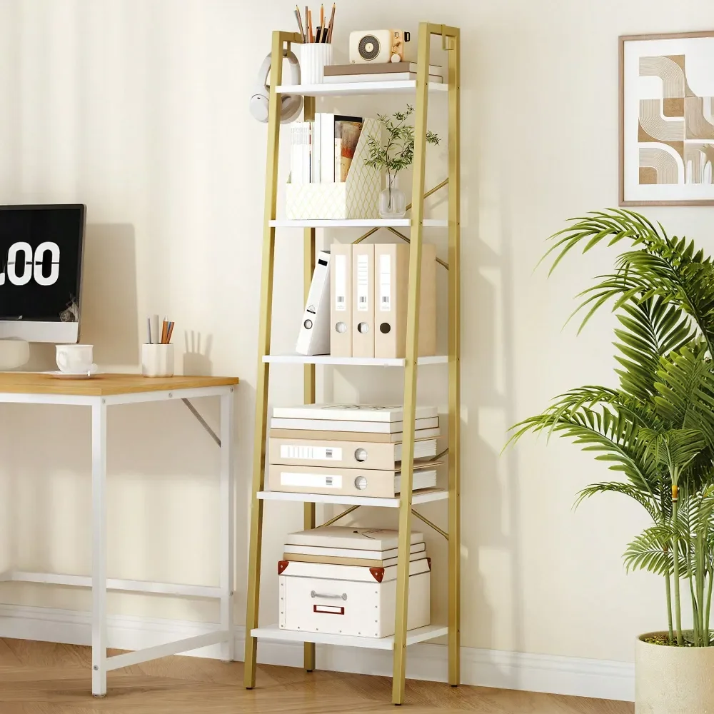 

Ladder Shelf, Bookshelf Bookcase, Freestanding Corner Storage Shelve With 2 Hooks For Home Office, Living Room, Kitchen, Bedroo