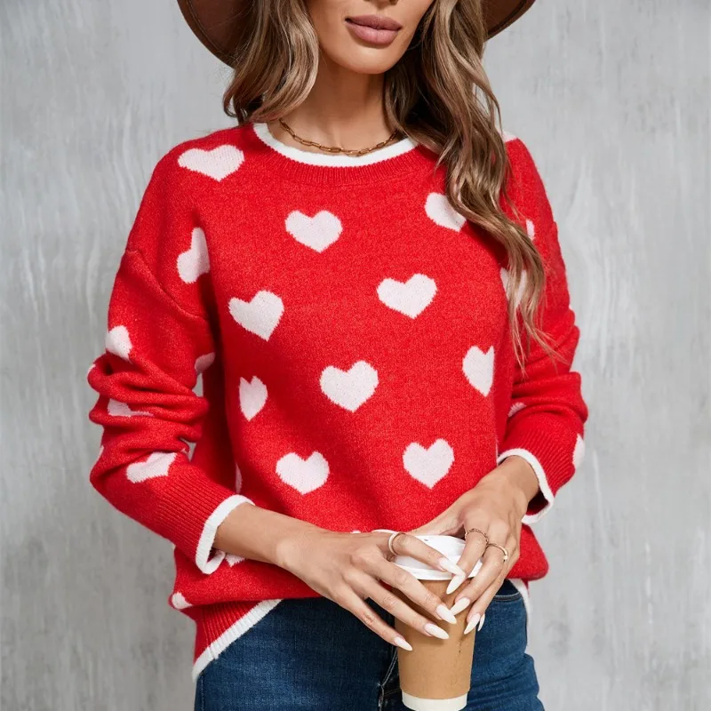 Casual Love Sweter z dzianiny Bluza z kapturem na zimę Sweter damski 2024 Nowy Luźny sweter z długim rękawem Love Woman Tops