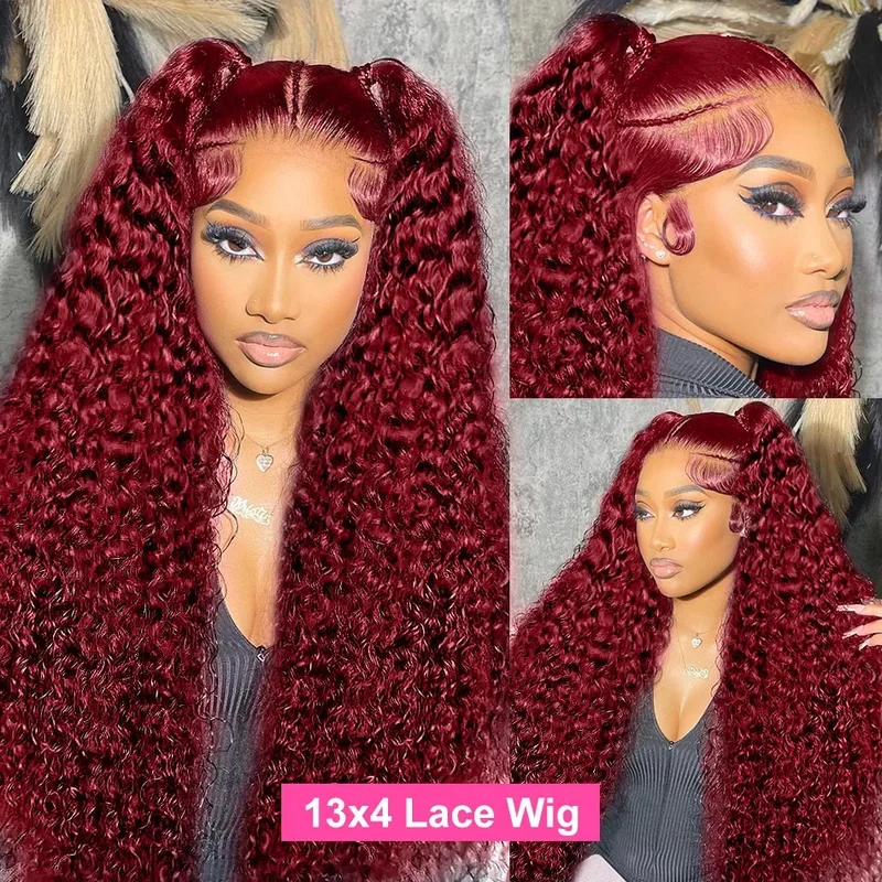 Burgundy Deep Wave 13x6 Lace Front Human Hair 30 40 Inch 13x4 Curly 250 Density Transparent Lace Frontal Wig Brazilian dla kobiet