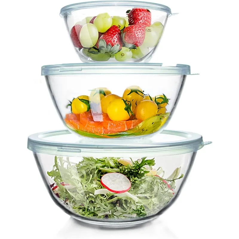 Glass Mixing Bowls with Lids Set of 3（4.5QT,2.7QT, 1.1QT, Large Kitchen Salad Bowls, Space-Saving Nesting Bowls, Round