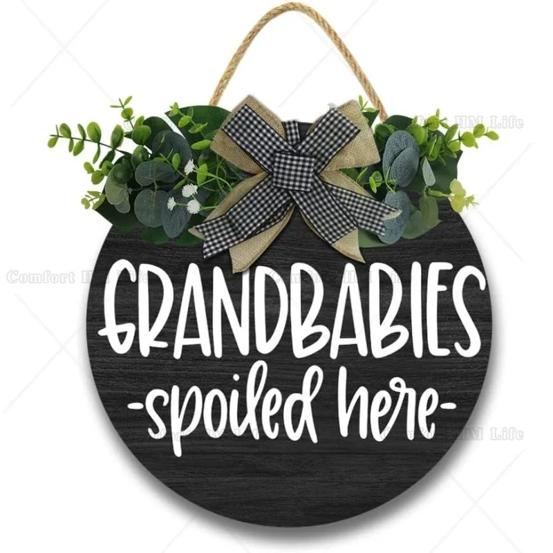 Grandbabies Spoiled Here Hanging Wall Sign for Front Door Home Kitchen Decor Rustic Wooden Round Sign Wall Decoration