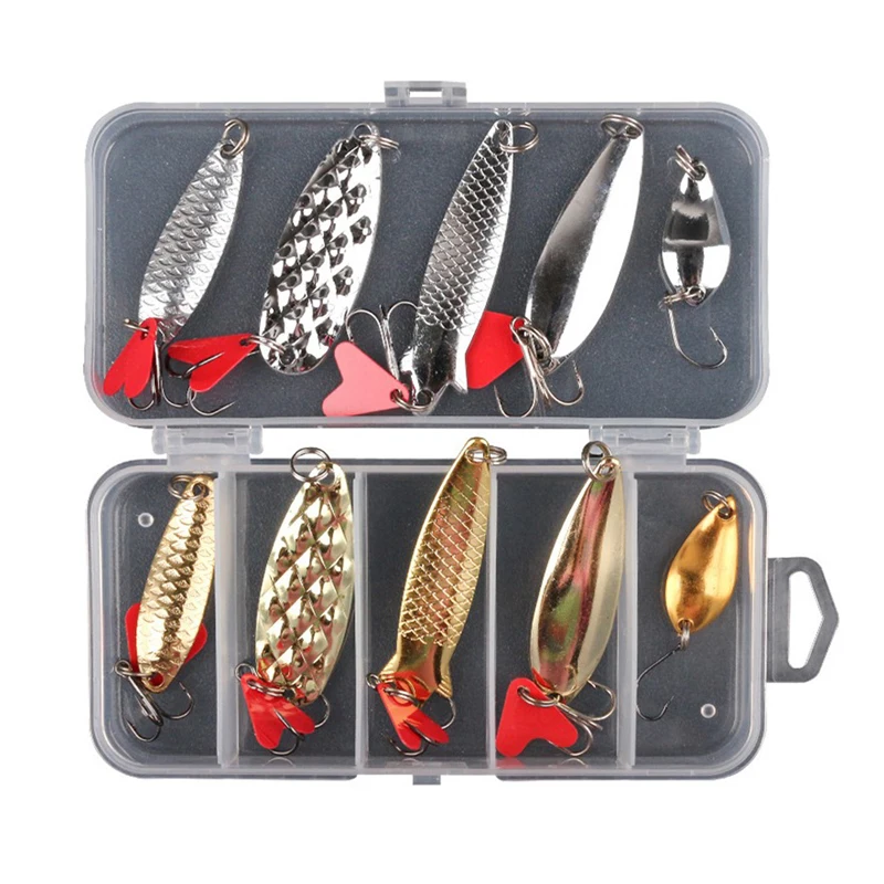 

10 Pcs Fishing Metal Spoon Lure Kit Set Gold Silver Baits Sequins Spinner Lures with Box Treble Hooks Fishing Tackle Gear