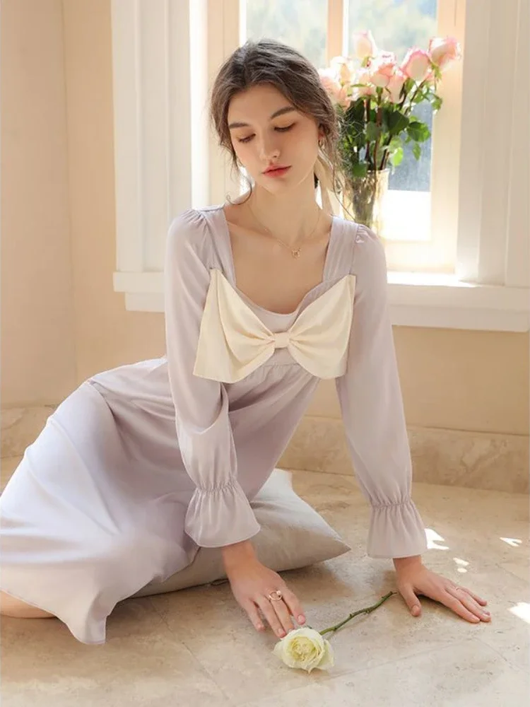 

French Style Sweet Nightgowns Women New Spring Thin Smooth Loose Vintage Square Collar Elegant Ladies Gentle Sleepwear Fashion
