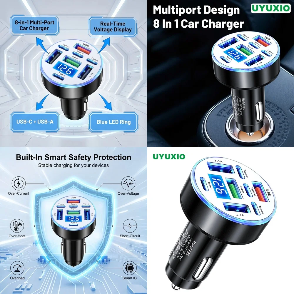 Multi Port USB C Car Charger for iPhone 17 Samsung S26 iPad with Digital Voltage Display Screen for Vehicle Power Needs