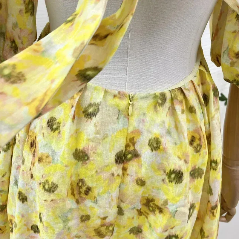 Alta qualidade verão praia estilo verão feminino midi vestido amarelo floral impressão cortar rendas puff manga linho