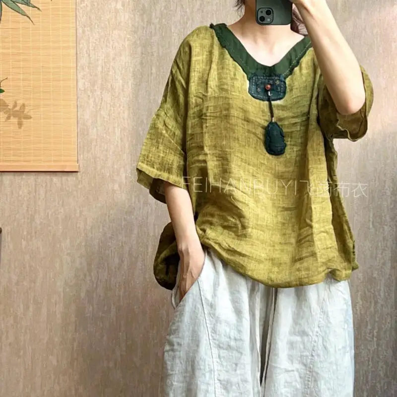 New Summer Arts Style Women Patchwork V-neck Gourd Pendant Embroidery Tshirt Vintage Cotton Linen Loose Tee Shirt Femme Tops