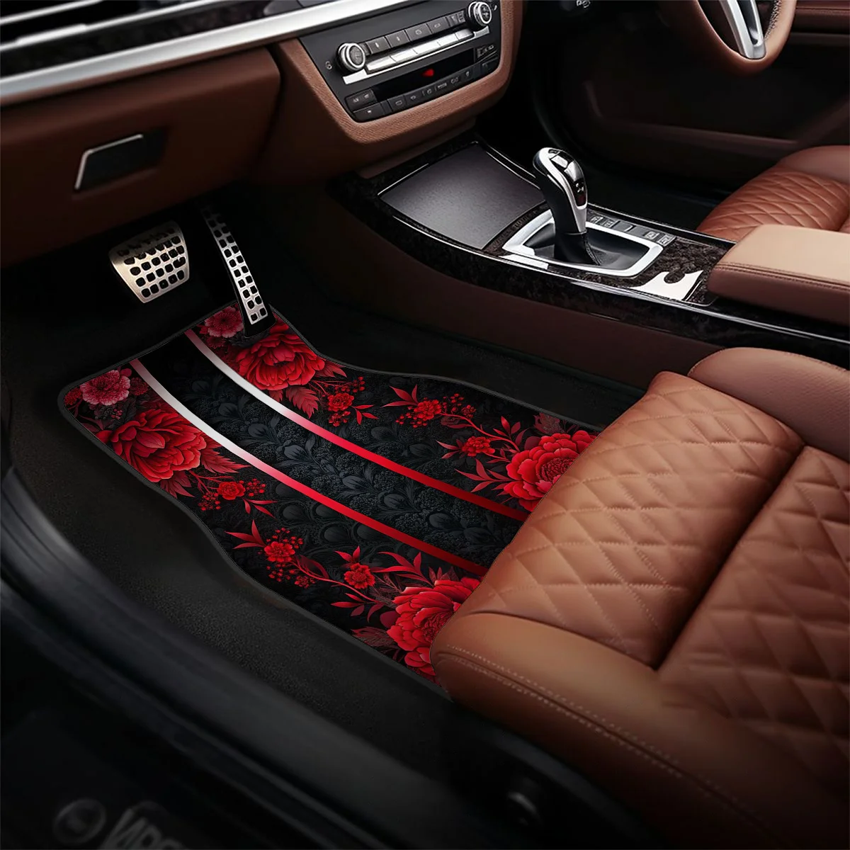 

4pcs Suitable For All Models Red Flower Pattern Car Foot Mats Set Easy To Clean Car Interior Accessories Perfect Birthday Christ