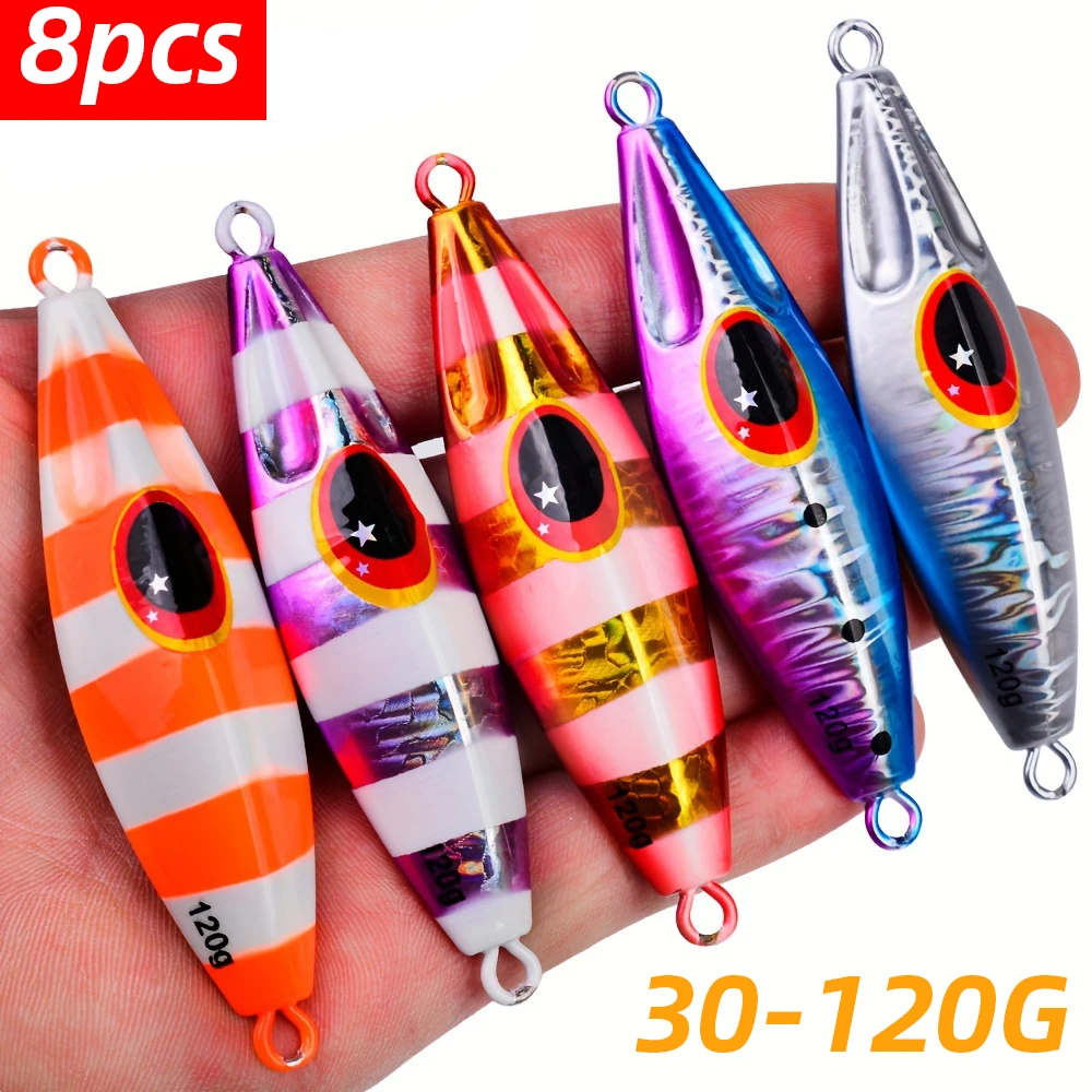 8PCS Metal Jig  Shore Jigging Lure 30g-120g Fishing Eyes Fast Sinking Luminous Shore Casting Jigging Lure Saltwater Fishing