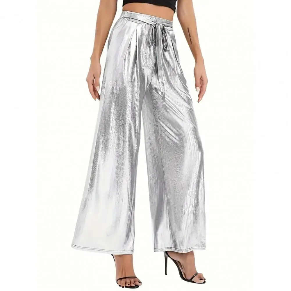 

Women Shiny Flare Long Pants Elastic High Waist Lace-up Straight Wide Leg Casual Trousers With Pockets Glossy Surface Soft Pants