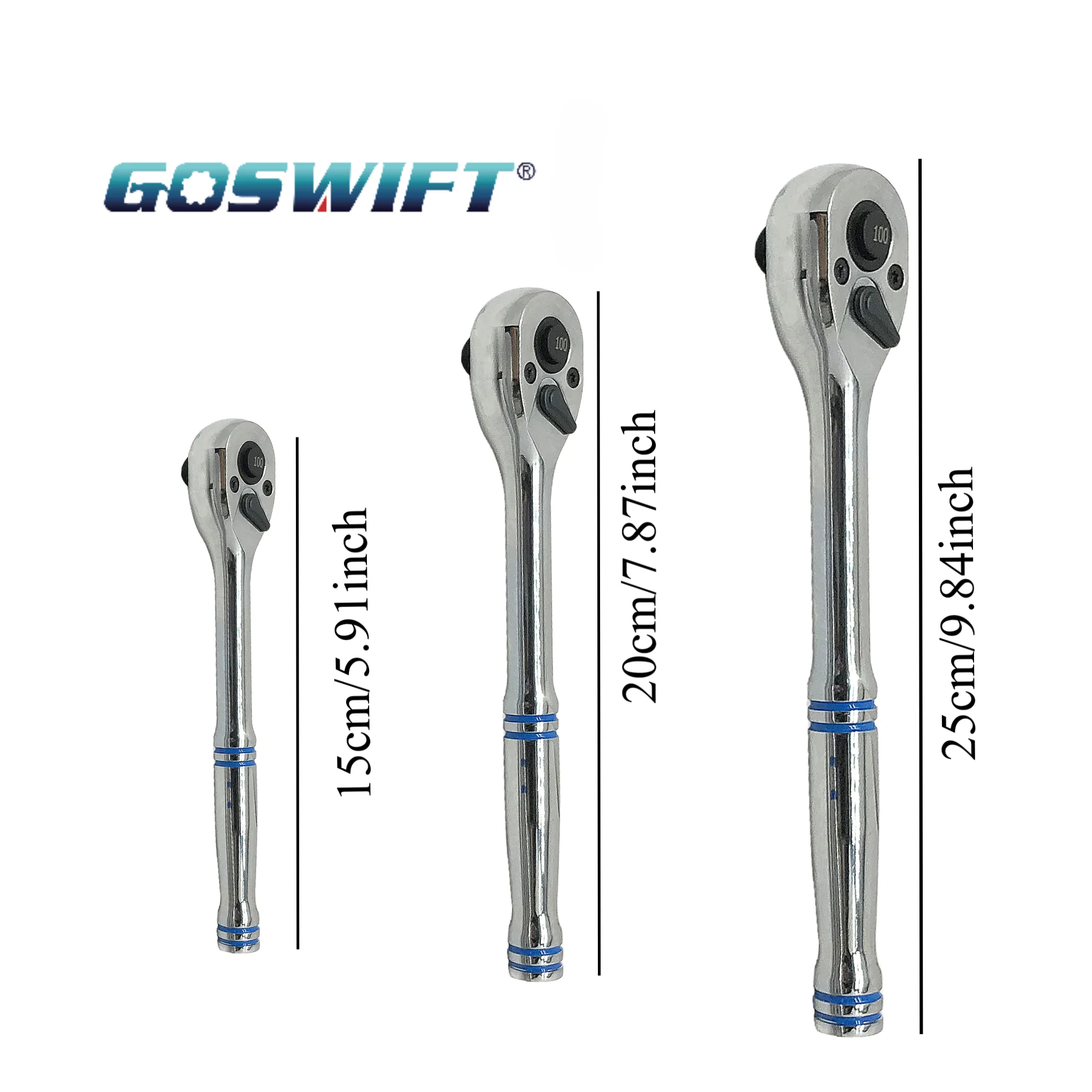 مجموعة مفاتيح ربط بسقاطة سريعة التحرير 100 سن، 1/4 بوصة، 3/8 بوصة، وسقاطات محرك 1/2 بوصة، أرجوحة 3.6 درجة، فولاذ CrMo، 3-P