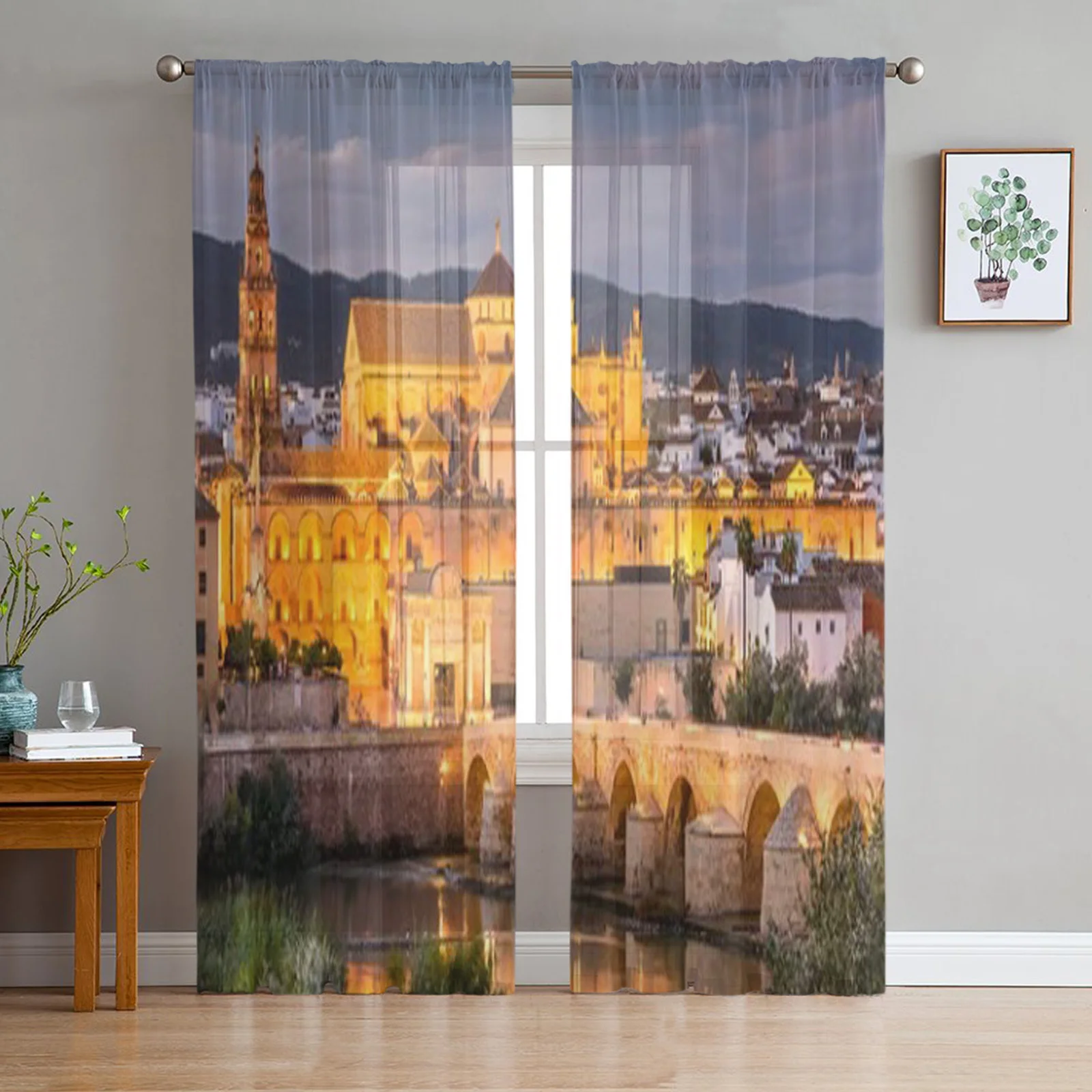 Roman Bridge Spain Luxurious Chiffon Sheer Curtains for Living Room Bedroom Decoration Window Voiles Tulle Curtain