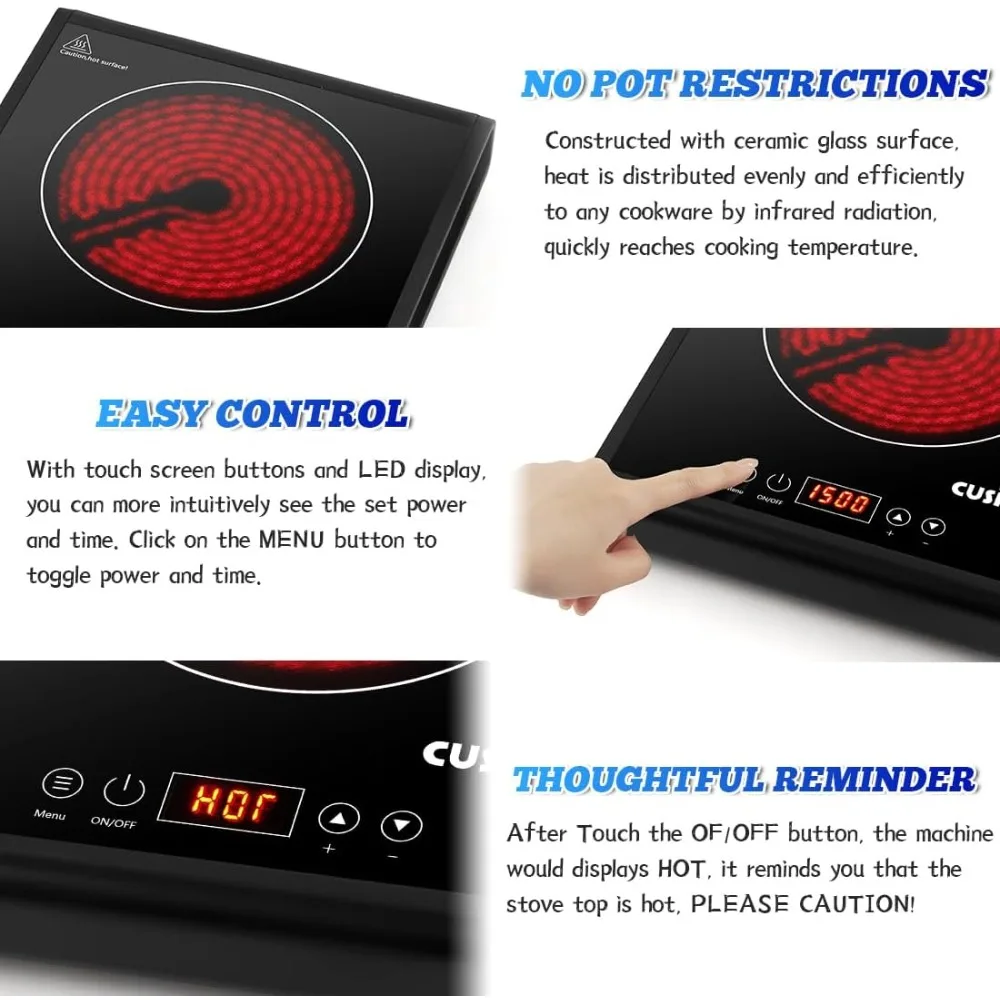 Hot Plate Electric Stove with LED Display, Portable Infrared Electric Burner Ceramic Cooktop, Adjustable 15 Power