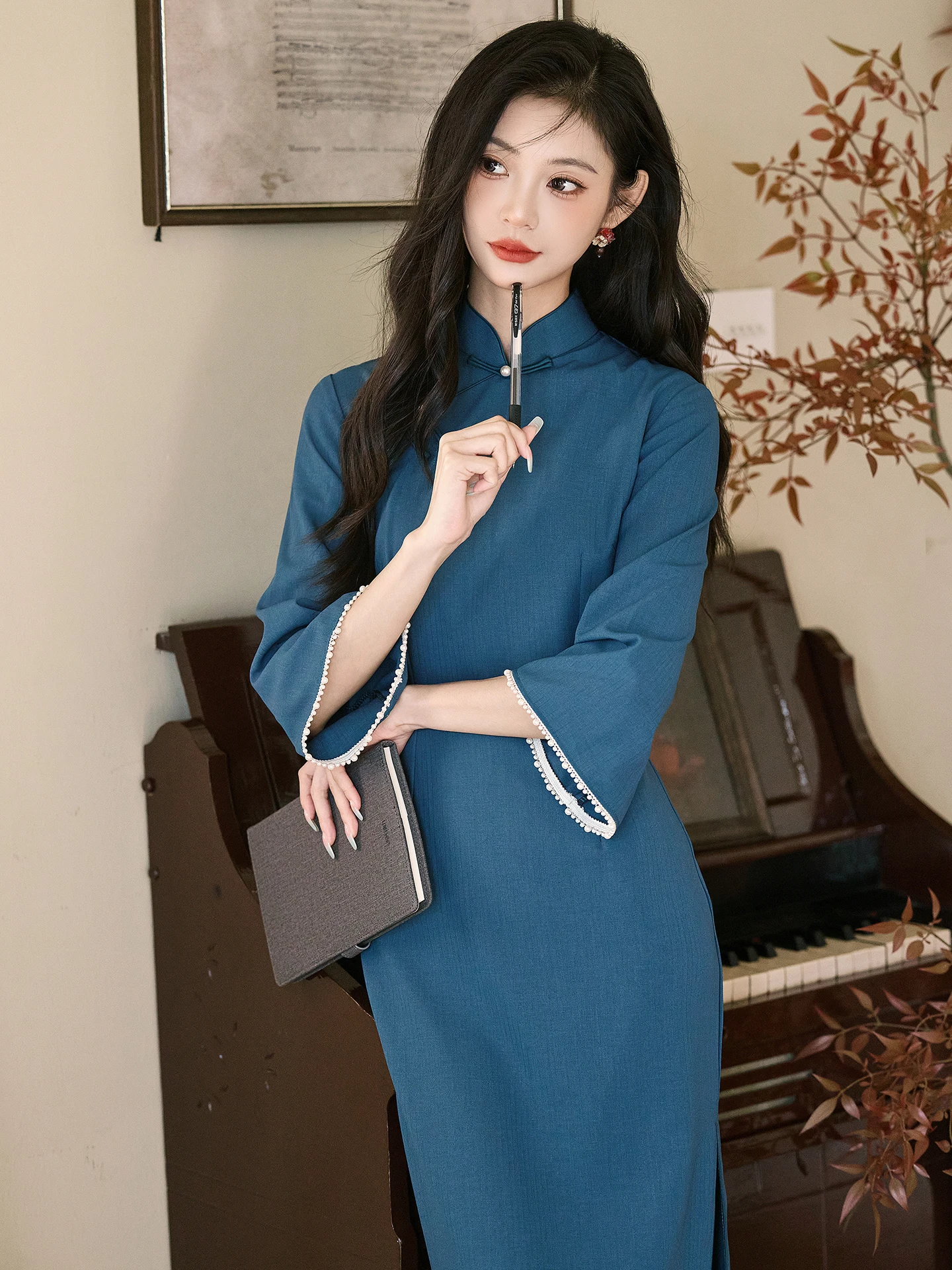 

Синее винтажное ципао в стиле республики Чи с длинными рукавами, красивое, элегантное, высокого качества, для женщин