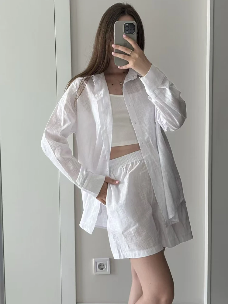 

FSMG Fashion Solid Cotton Linen Shorts Set Casual Loose Buttons Long Sleeves Shirt Elastic Waist Shorts Outfit Lady Chic Outfit