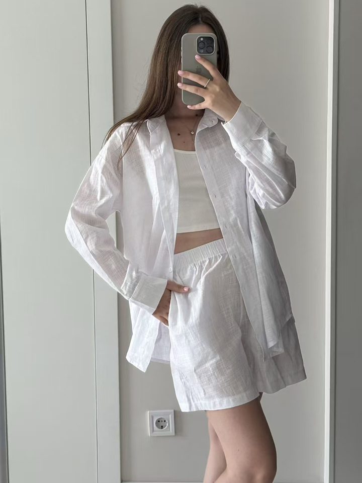  FSMG Fashion Solid Cotton Linen Shorts Set Casual Loose Buttons Long Sleeves Shirt  Elastic Waist Shorts Outfit Lady Chic Outfit 