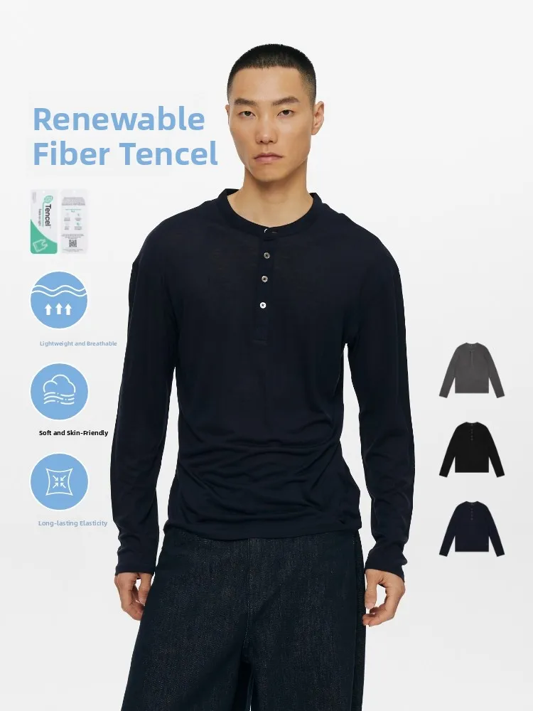 

Oneup Silk Wool Henry Collar Long Sleeve T-Shirt Women's Lightweight Breathable Elastic Commute Top Spring Season Pure Color