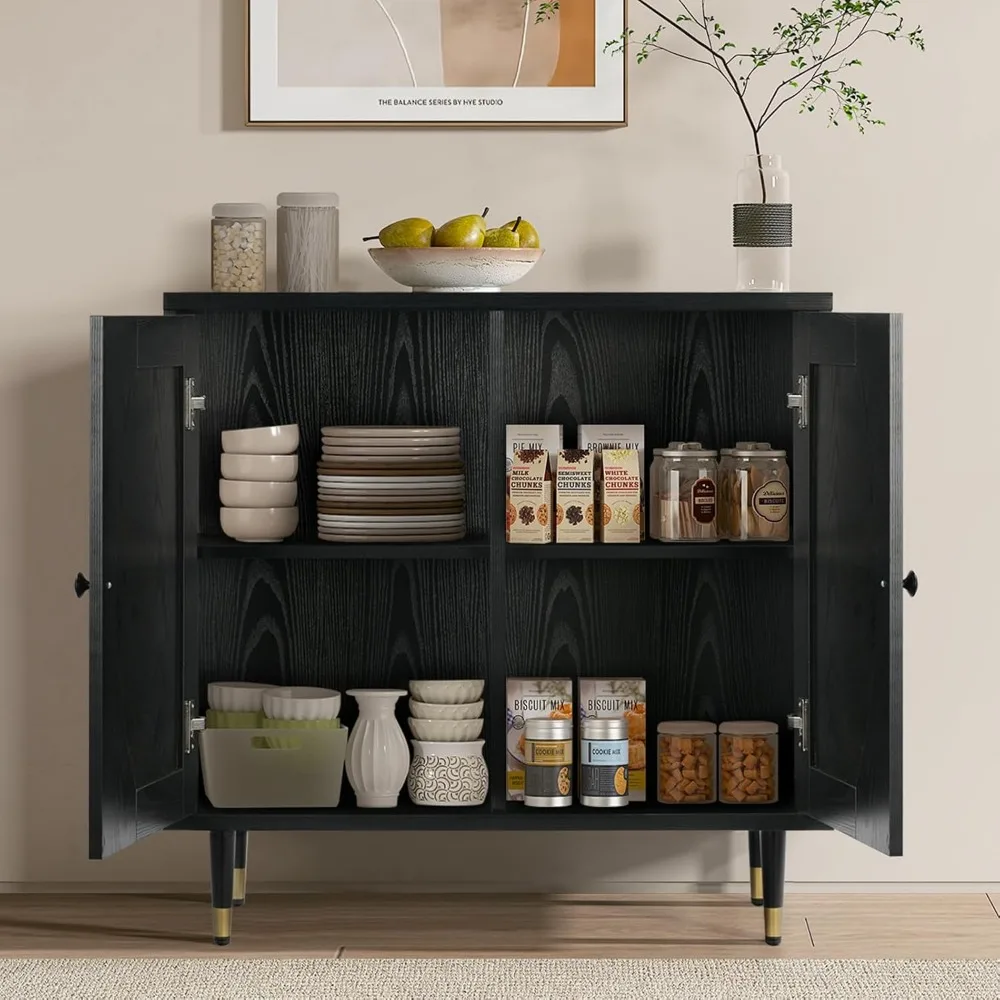 Black Buffet Sideboard Cabinet, Rattan Sideboard with Natural Rattan Doors, Black Rattan Console Table with Storage