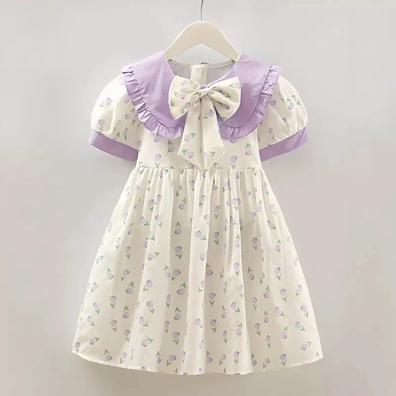 Vestido Infantil Roxo Estampado para Meninas, Manga Bufante, Gola com Babado, Laço, Modelo Evasê, Casual, para Festas, Vestido de Verão para Crianças 