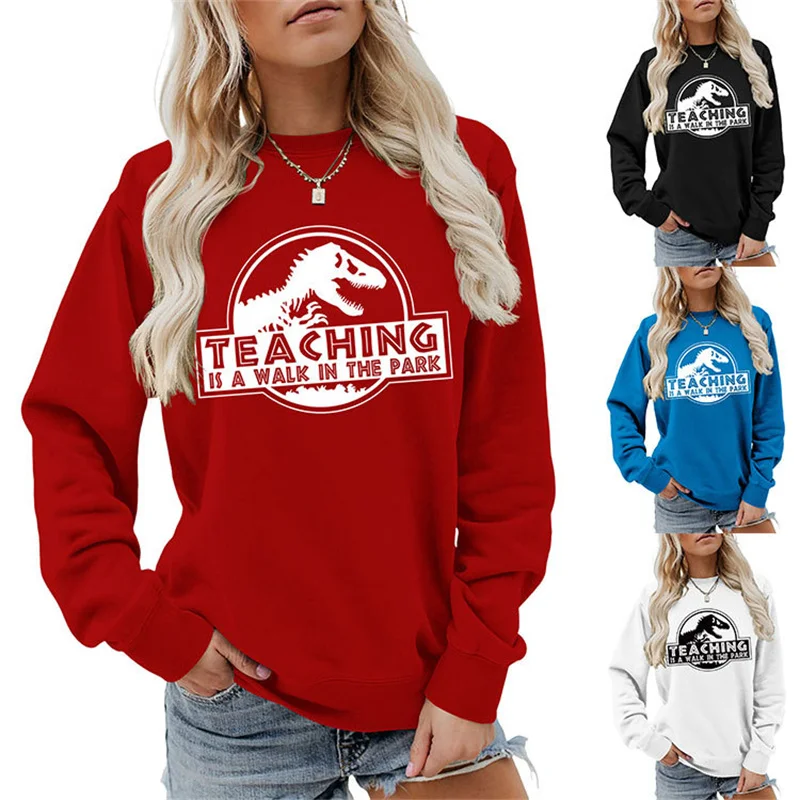 new women's cotton casual autumn and winter TEACHING IS A WALK IN letter-printed vintage crew-neck long-sleeved hoodie