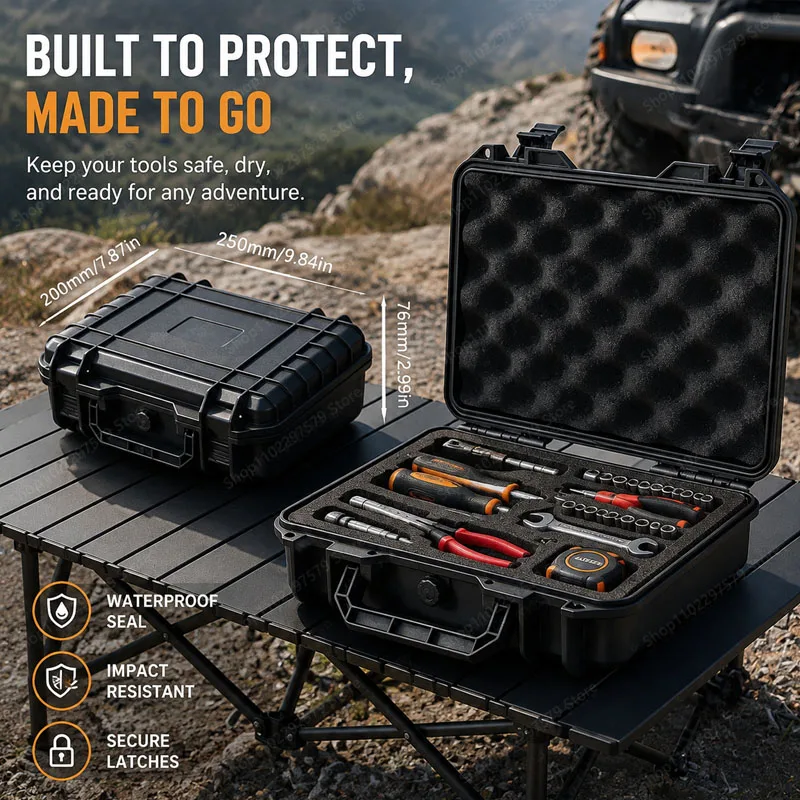 Outdoor Waterproof, Earthquake Resistant and Pressure Reducing Safety Box, Portable Toolbox with Pre Cut Sponge Tool Box.