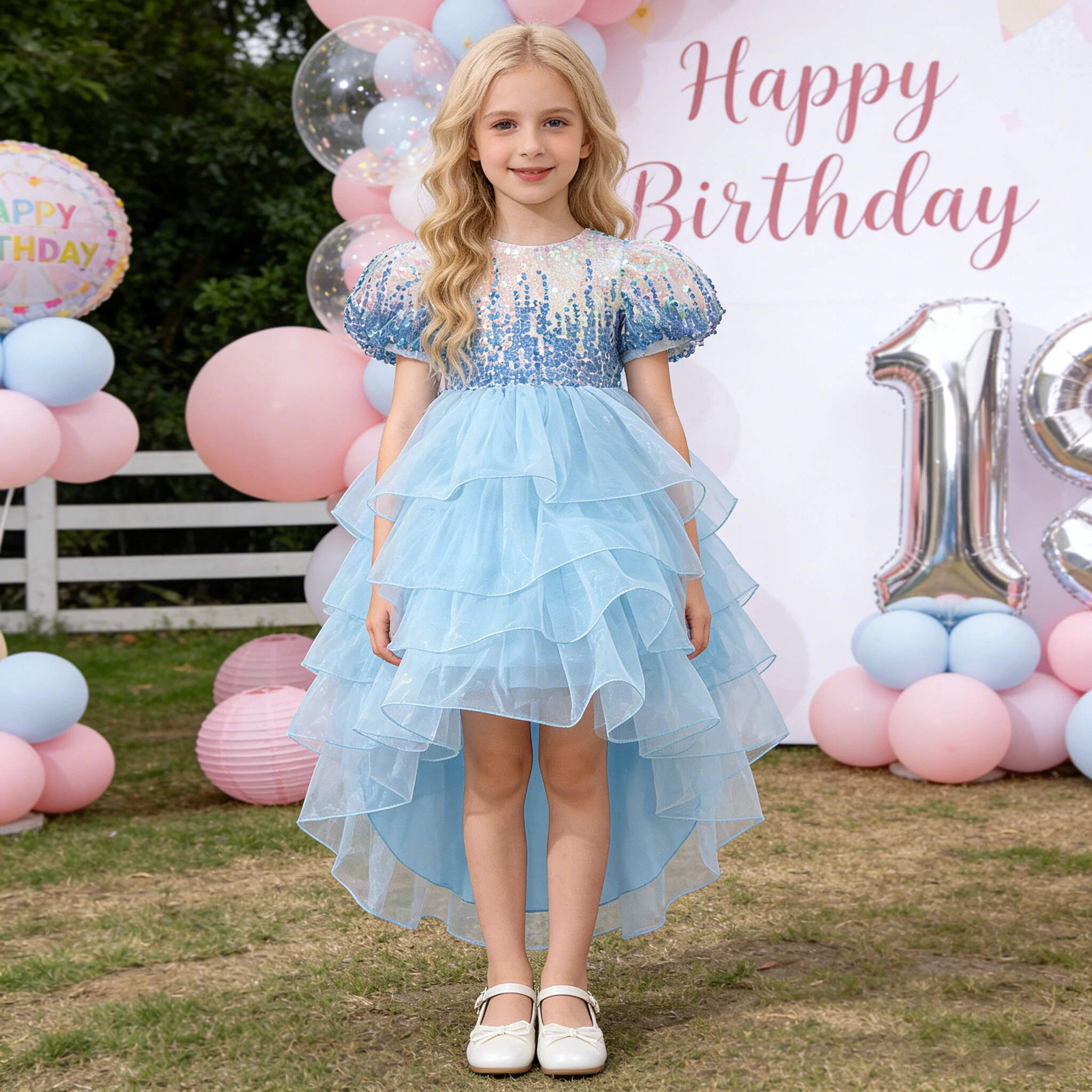 Sommer Pailletten Brautjungfern Party Mädchen Kleid Puffärmel Geburtstag Taufe Prinzessin Kleider Mädchen Elegante Hochzeit Abend Abendkleid