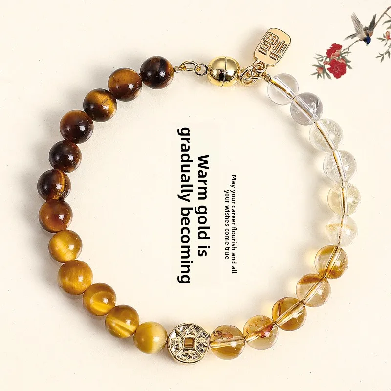 Chinese Style Good Luck Fortune Attracting Natural Tiger Eye Agate Gray Moonstone Crystal Beaded Bracelet Magnetic Clasp Blessin