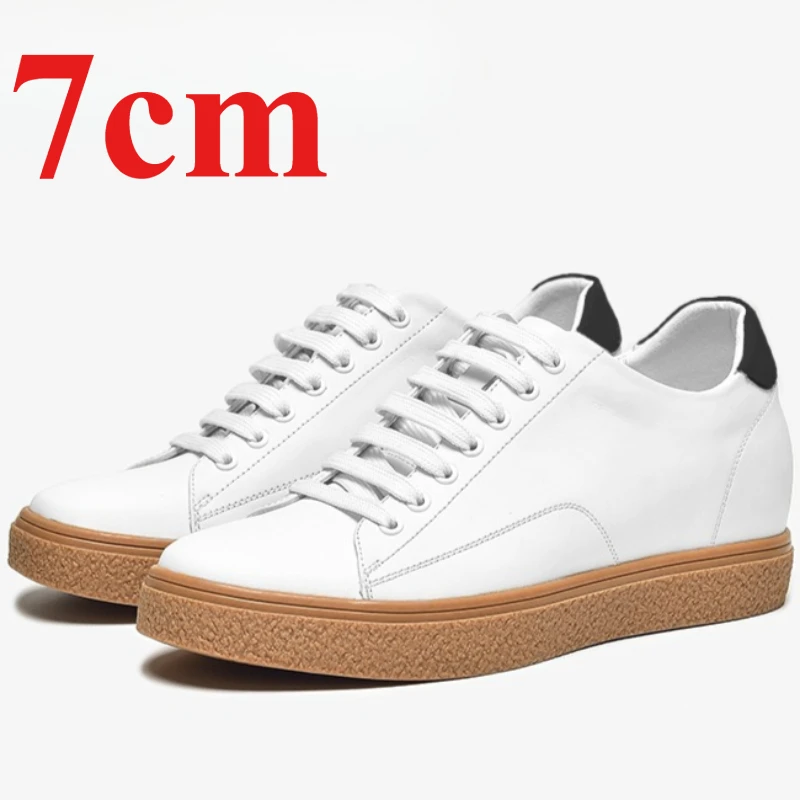 Men's 7cm Elevated Shoes for Male Genuine Leather Breathable Thick Platform Height-increasing Shoe Comfortable Casual Board Shoe