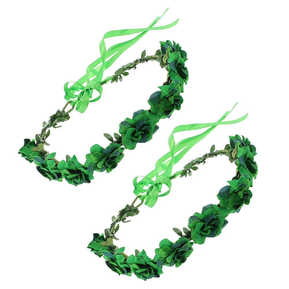

2Pcs Green Flower Garland Headband Artificial Floral Wreath Lightweight Boho Hair Accessories Irish Festival Party Photos