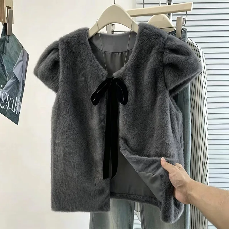 Korean Style Sweet Bow Tie Fur Jacket Small Fragrance Luxury Shoulder Pad Vest Outerwear Fashionable Versatile All Seasons