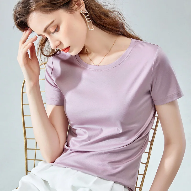

2025 Summer Cotton Round Neck Short-sleeved T-shirt Female Women's Clothing Casual With Waist Cinching T shirt Solid Top Tee