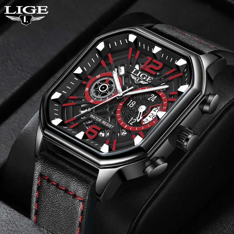 

LIGE Square Man Watch Business Genuine Leather Luxury Quartz Wristwatches Date Chronograph Watch for Men Relogios Masculino+Box