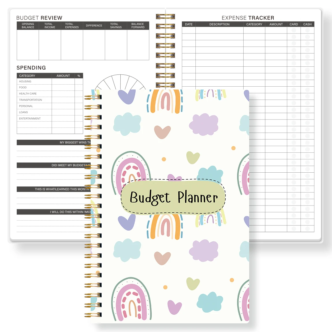 قطعة واحدة من كتاب مخطط الميزانية مقاس A5 مع تصميم قوس قزح باستيل، ومتتبع النفقات الشهرية، وربط حلزوني، صفحات سميكة غير منتفخة #3