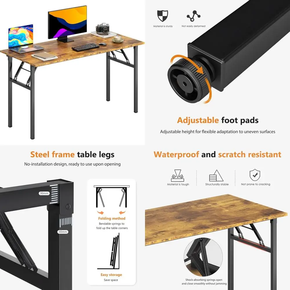 

Folding Computer Desk 47 Inches, Large, No Assembly Required, Home Office Workstation, Brown