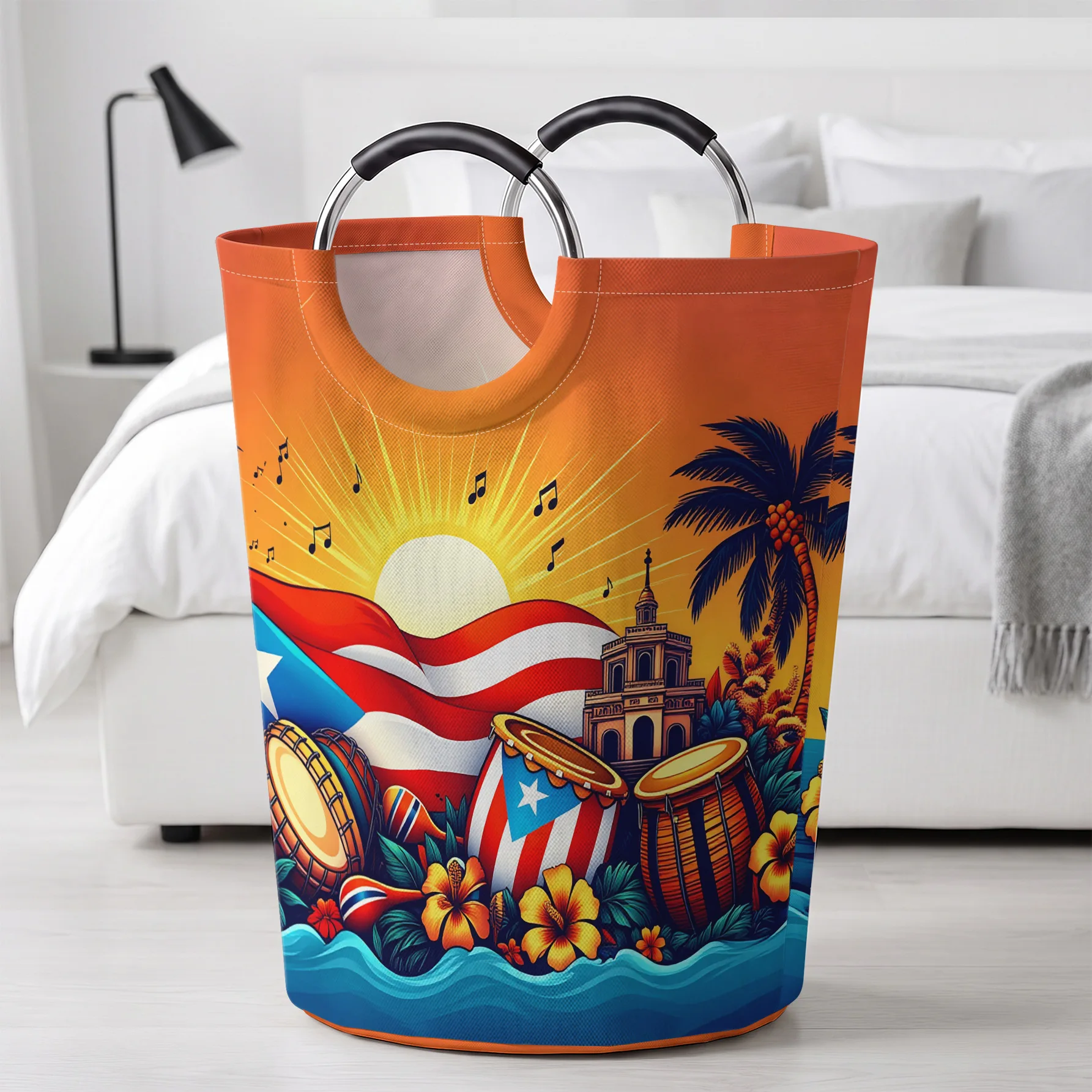 Tropical Island Scenery Musical Instrument Print Handheld Storage Basket, For Laundry, Bedroom & Home Sundries Storage
