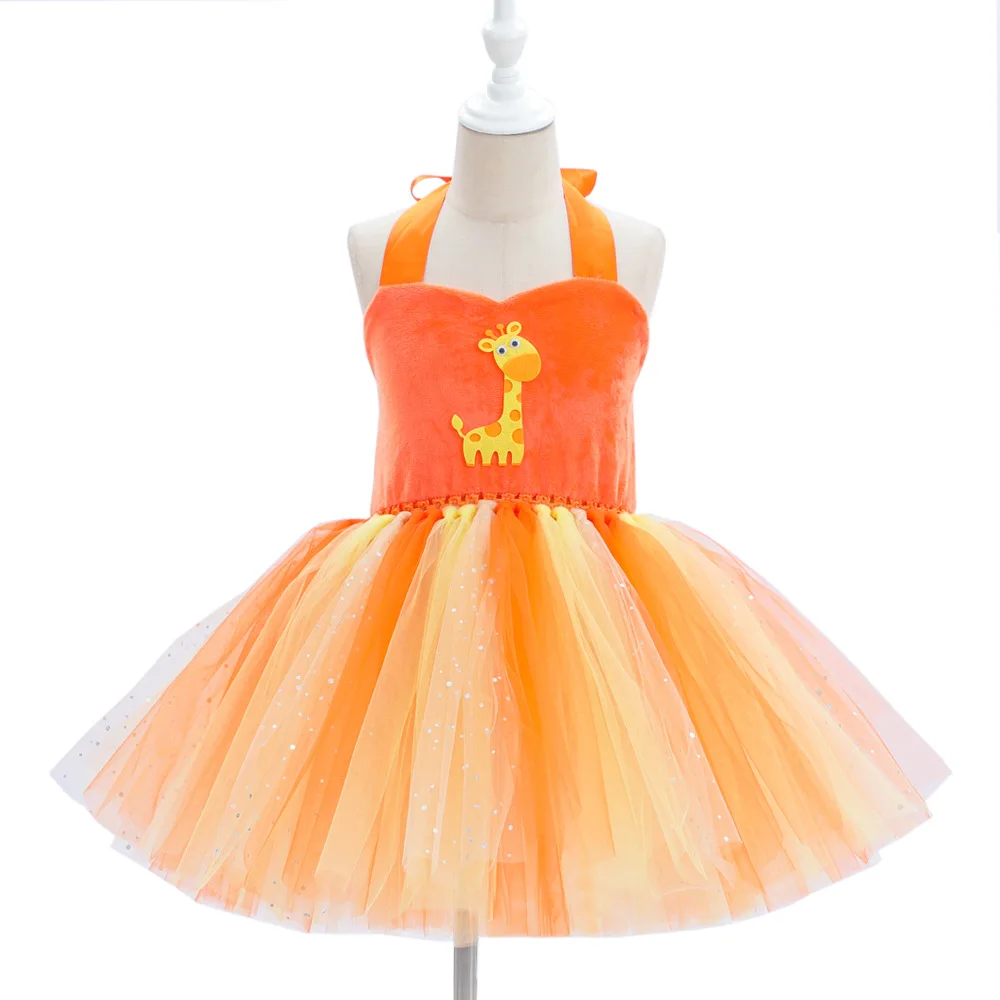 Children Cartoon Cute Giraffe Printed Mesh Tutu Dress Jungle Safari Animal Style Outfit Kids Holiday Party Stage Performance Set