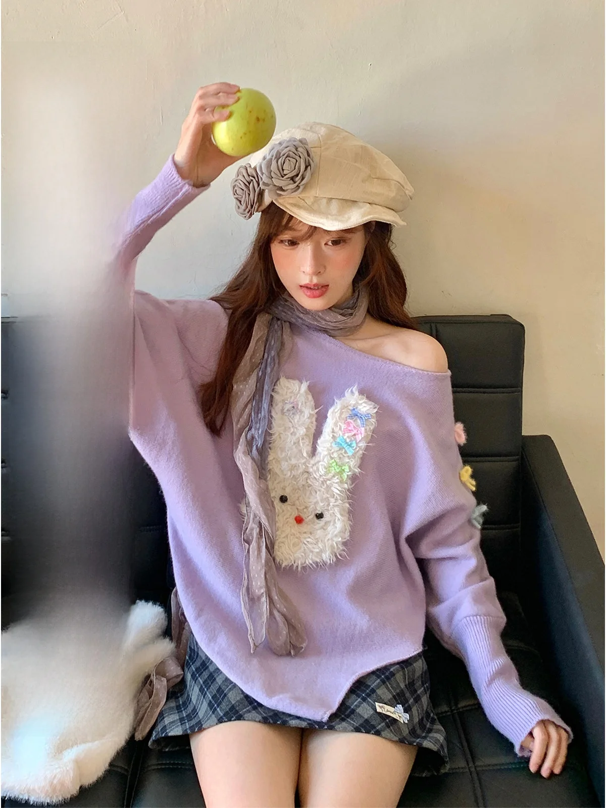 

BibiBency Sweet Cartoon Purple Rabbit Knitted Sweater Women's Autumn Winter Loose Fit Long Sve round Ne Knitwear