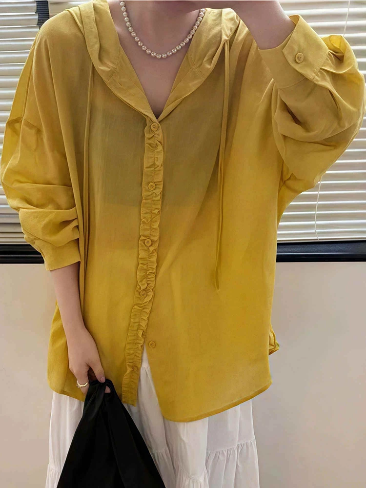 

White Hooded Sun Protection Shirt For Women French Style Mushroom Edge Long Sleeved Thin Top Fashion Single Breasted Loose Shirt