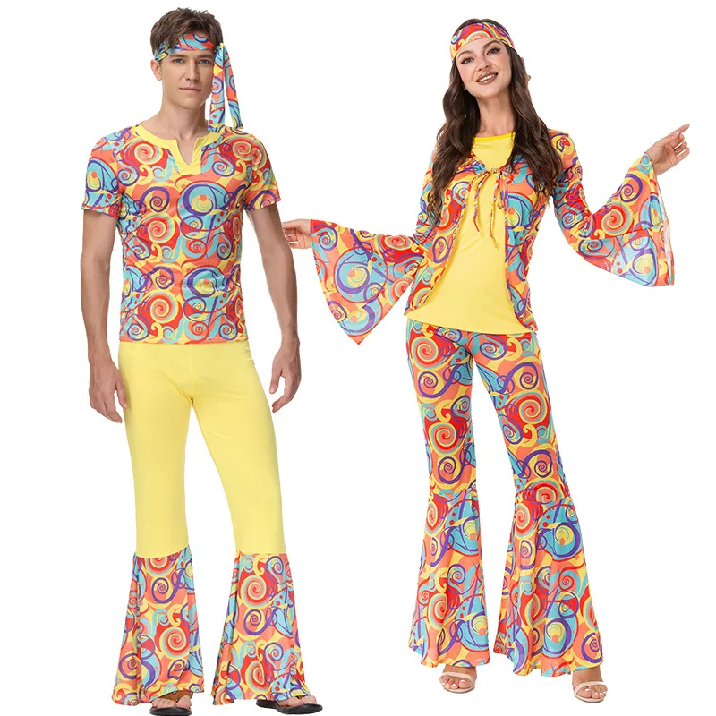 

Couples Fashion Retro Print Clothing 60S 70S Hippie Costume Cosplay Outfits Carnival Halloween Party Disco Fancy Dress Up Suit