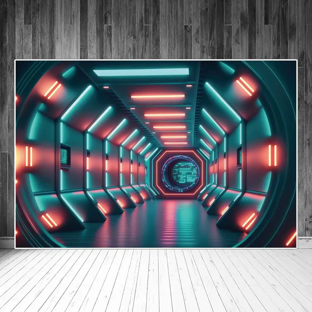 Cyberpunk Neon Corridor Backdrops Photography Party Decoration Station Lights Interior Sign Children Photobooth Background Props