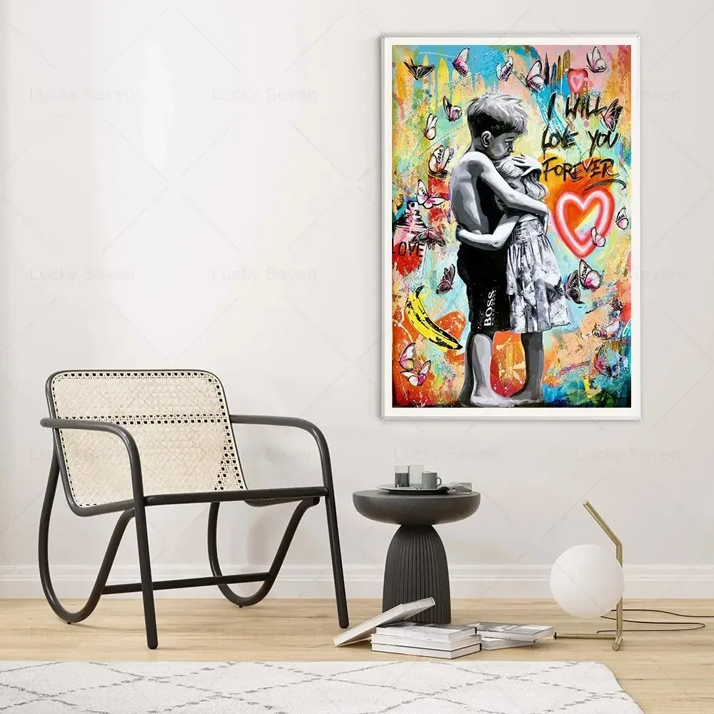 Banksy Wall Art I Will Love You Forever Inspired Artwork Graffiti Canvas Painting Kids Kiss Street Pop Poster Prints Room Decor