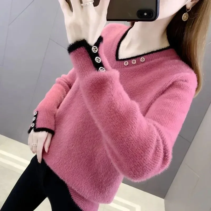 

Womens Sweater Fashion V-Neck Long Sleeve Tops 2023 New Spring Autumn Imitation Mink Velvet Pullovers Loose Knitting Jumper G109