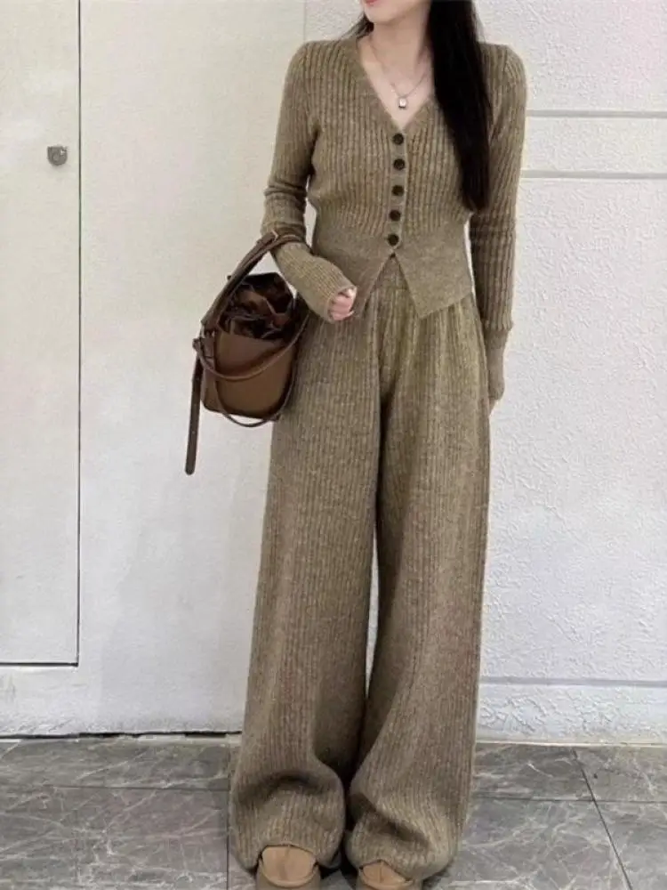 

Autumn Winter Women Solid V Neck Long Sleeve Cardigan Knitted Sweater Tops And High Waist Wide Leg Pant Two-piece Set Streetwear