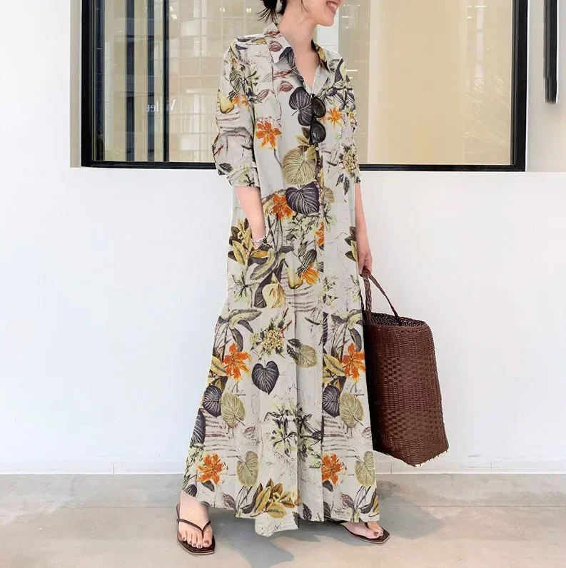 

Cotton Linen Vintage Print Women's Dress Summer Pocket Simple Loose Casual Long Shirt Dress Holiday Ladies Dress Elegant Clothes